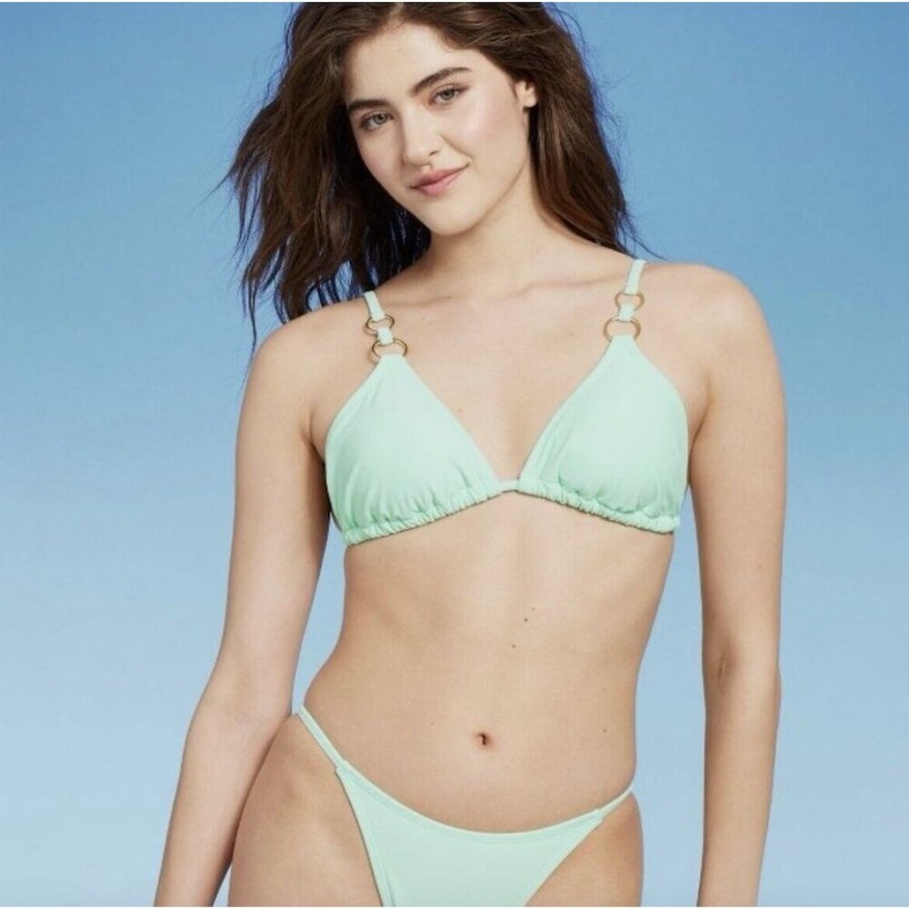 WILD FABLE BIKINI TOP TRIANGLE DOUBLE GOLD RING TIE BACK MINT GREEN SWIMSUIT NWT